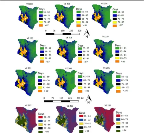 Fig. 5 Maps of Kenya showing the number of days 12 maize varieties (VE 201, VE 202, VE 203, VE 204, VE 205, VE 206, VE 207, VE 208, VE 209, VE 210 and VE 211) would take during each phase (vegetative or reproductive) of development in different agro-ecolog