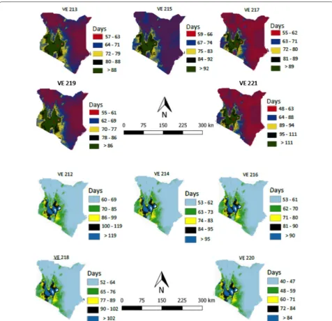 Fig. 3 Maps of Kenya showing the number of days 10 maize varieties (VE 212, VE 213, VE 214, VE 215, VE 216, 217, VE 218, VE 219, VE 220 and VE 221) would take during each phase (vegetative or reproductive) of development in different agro-ecologies