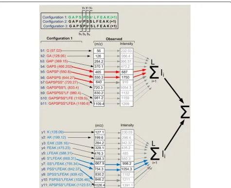 Figure 3 A diagram showing the concept behind the dynamic programming algorithmtolerance) to the theoretical site determining ions are then selected (indicated by red and blue arrows)