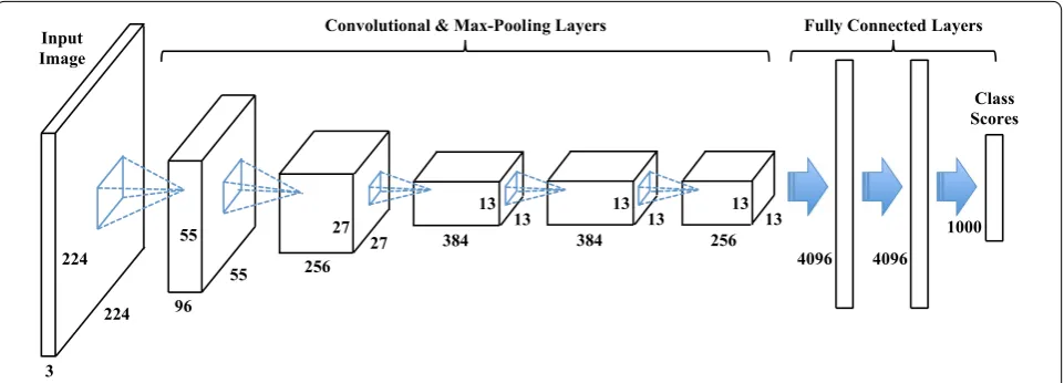 Figure 1 depicts the schematic of a Convolutional Neu-ral network (Alexnet [75]). Each layer in this network consists of a set of parameters, which are trainble in general, either from scratch or by benefiting from pre-trained networks (refer to "CNN train
