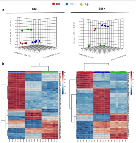 Fig. 4 General outlook of the metabolic behaviour of the three genotypes of tomato plants using partial least squares, heatmap and clustering analysis