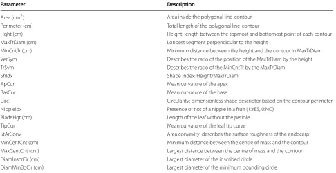 Fig. 5 Morphological characters of the endocarp in vertical position. carp boundary, convex hull polygon (green line), green area area between the endocarp and its convex hull, maximum depth of the grooves (C–D) (black line vertical to the polygonal edge),