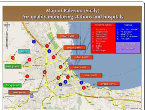 Figure 1 Map of Palermo (Sicily). Air quality monitoring stationsand hospitals.