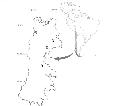 Figure 1 Study sites on Isla Grande de Chiloé. Glaciogenic peatlands: PL, Púlpito; CA, Caulles