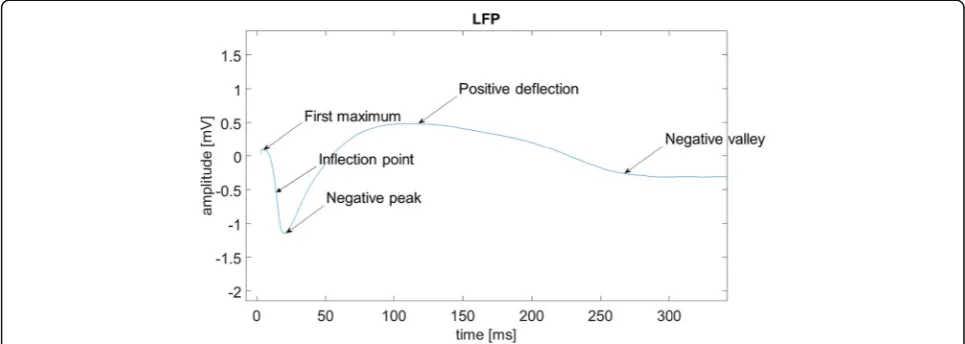Fig. 1 An ideal (noise free) LFP profile after stimulation. Arrows indicate some LFP features of interest