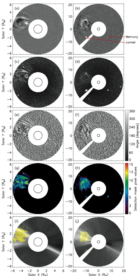 Fig. 1.— Output of the CORIMP automated techniques applied to images of a CME on 2010 March 12 fromthe LASCO/C2 (a) and C3 (b) coronagraphs at times 05:06 and 11:42 UT respectively
