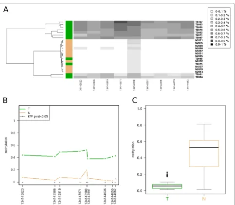 Figure 3 Data visualization with Methylation plotter. A, unsupervised hierarchical clustering of the data; sample label colours reflect theuser-provided classification