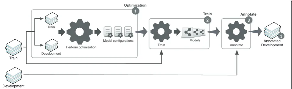 Figure 4 Illustration of the workflow applied to perform optimization, train the final models and annotate the development corpus.