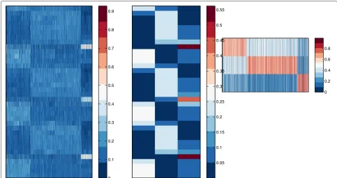 Figure 2 Heat map of NMF clustering result on yeast metabolic cycle time-series data. Left: the gene expression data where each columncorresponds to a sample