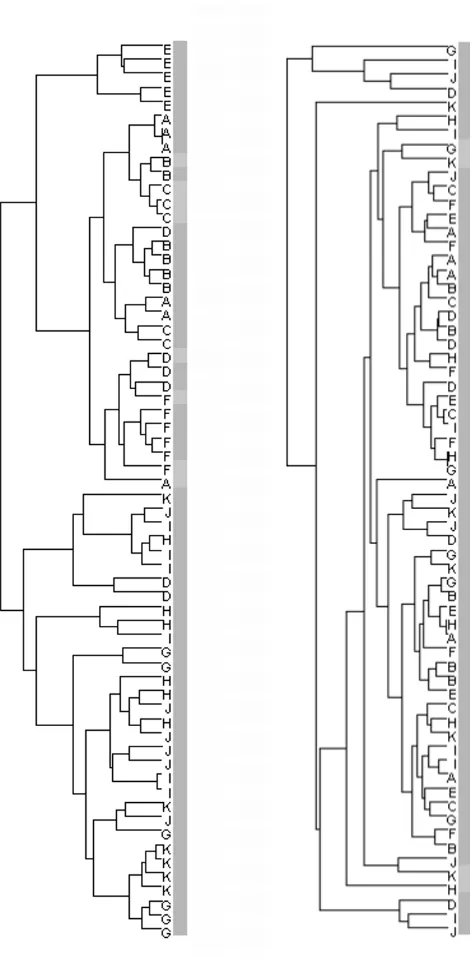 Figure 3(left) and after (right) Partek Batch RemovalDendrograms from hierarchical cluster analysis of spectra from CMLS-F4-QC data set labelled by batch, processed before Dendrograms from hierarchical cluster analysis of spectra from CMLS-F4-QC data set l