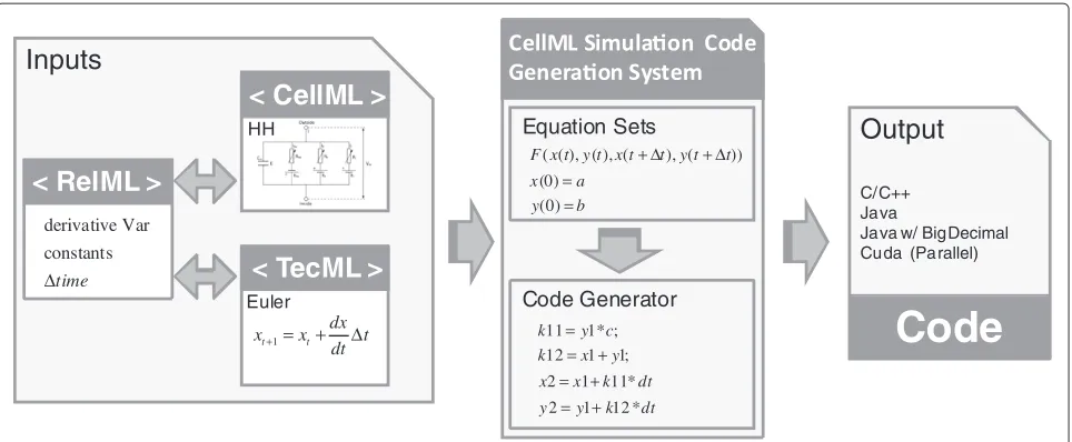 Figure 1 Code generation system inputs and outputs. Input and output of the Biological Simulation Code Generation System