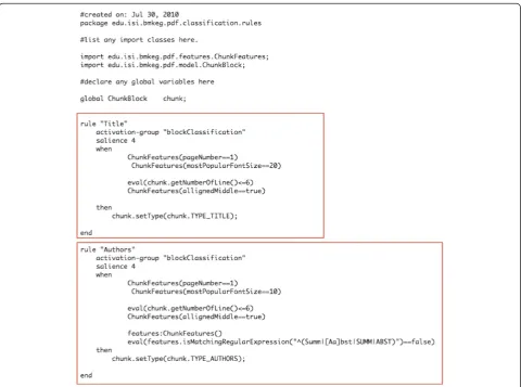 Figure 5 Sample Rule File Listing. The figure shows examples of DROOLS Rules for block classification