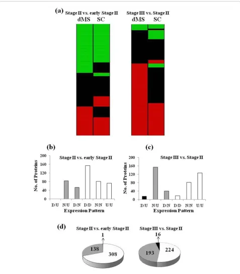 Figure 5 Comparisons of expression trends of proteins identified by dMS and SC(black columns); (b) Stage II vs