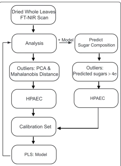 Figure 6 Process schematic. Outline of FT-NIR scanning andsubsequent data processing involved in generating outliersfollowed by a calibration set for modeling