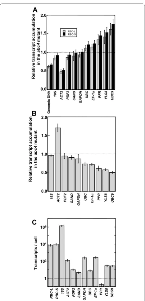 Figure 2 qPCR analysis of RBC-L and RBC-S transcripts inA. thaliana and evaluation of reference genes