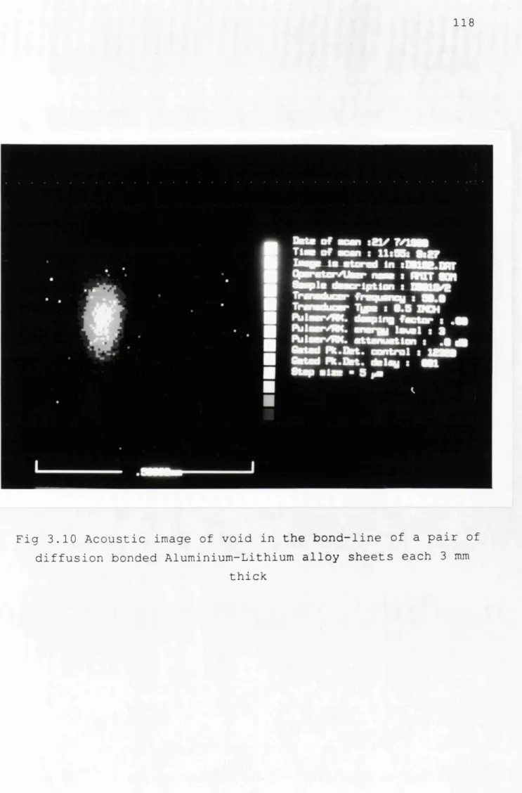 Fig  3.10  Acoustic  image  of  void  in  the  bond-line  of  a  pair  of  diffusion  bonded Aluminium-Lithium  alloy  sheets  each  3  mm