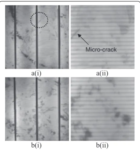 Figure 1 Examples of multicrystalline solar cell images. (a)the formation of other image components like fingers, dark areas,and dislocation clusters