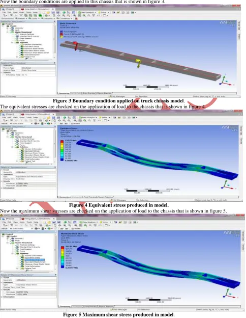 Figure 3 Boundary condition applied on truck chassis model. The equivalent stresses are checked on the application of load to the chassis that is shown in figure 4.