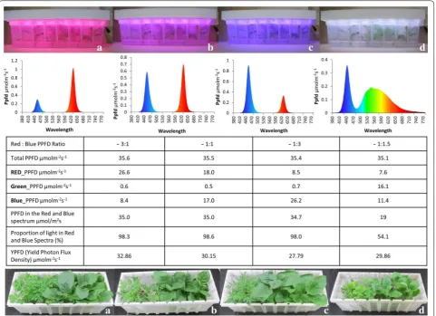 Fig. 4 Tobacco and Artemisia plants cultured under in vitro condition with lid having various light spectra: a red:blue 3:1, b red:blue 1:1, c red:blue 1:3, d white with their respective graphs and fluence rate data and showing growth after 3 weeks period