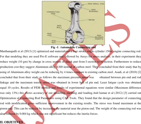 Fig -1: Automobile Connecting rod Marthanapalli et al (2013) [1] optimized and materialized a four stroke single cylinder 150cc engine connecting rod