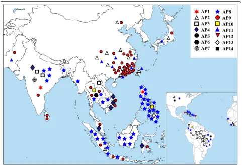 Fig. 6 Geographic distribution of the 14 different alleles of GN1A. Symbols with different colors indicate different alleles, and each symbol representsone accession