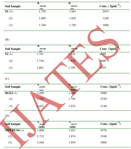 TABLE 2: Spectrophotometric analysis of extracted DNA from different soil samples  