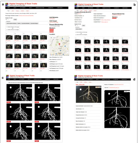 Fig. 1 Major DIRT functionalities. a A cowpea root dataset annotated with experiment parameters and location and shared with three other mem-bers (names were replace with red bars)