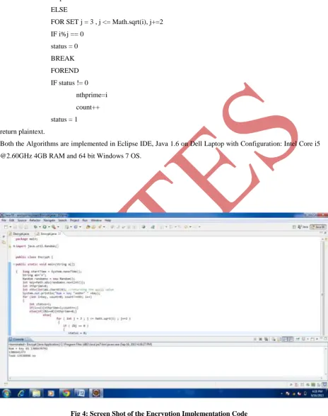 Fig 4: Screen Shot of the Encryption Implementation Code