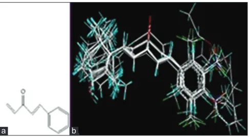 Fig. 1: Template and data set alignment.Template 1-phenylpenta-1, 4-dien-3-one (a) used for the and molecular alignment (b) of the dataset.