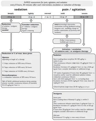 FIGURE 1Vienna Protocol for Neonatal Pain and Sedation (V-PNPS). i.v., intravenous; max, maximum; p.o., per os; p.r., per rectum.