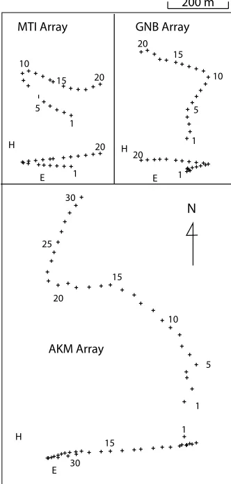 Fig. 10.Conﬁguration of seismic arrays (plus marks) at MTI, GNB,and AKM stations. Map view and vertical cross section in the E-Wdirection are shown in the upper and lower parts, respectively