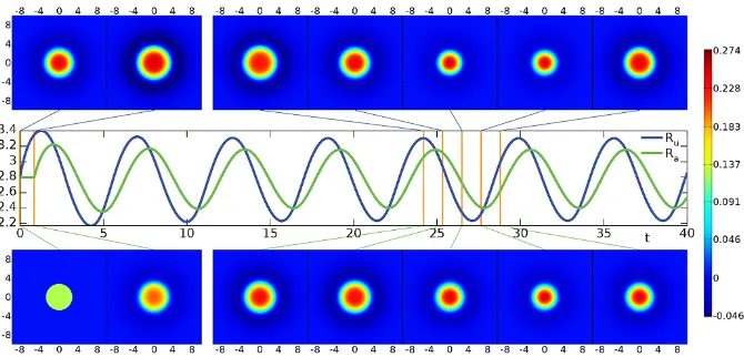 Fig. 10 Breathing instability from direct numerical simulation with parametersa stationary spot solution by modifying the adaptation variable to a top-hat shape.snapshots of activationcoupling strengthrow