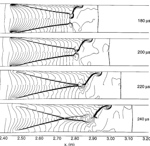 Fig. 13. Time history at 180 – 240sure ( µ s of density (top) and pres-bottom) contours for the numerical simulation of the primarydiaphragm opening within the NASA Langley facility