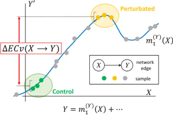 Figure 2. Graphical representation of ∆ECv. Line (blue) is a nonparametric regression curve m (Y) 1 ( X ) for edge X → Y estimated with Bayesian Network