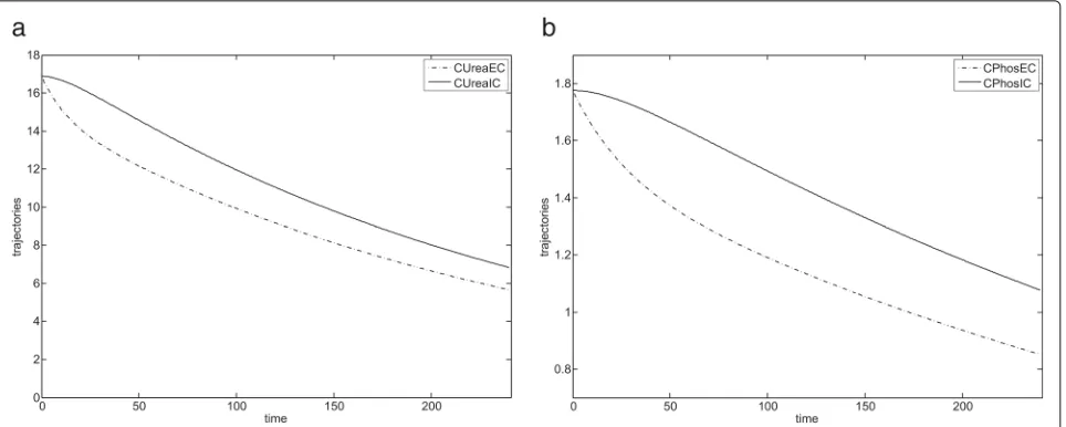 Fig. 3 Simulation results for IV-compartment model (first patient). a IV-compartment model presenting variations of urea concentration duringhaemodialysis