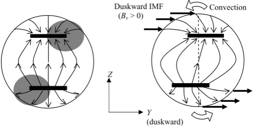 Fig. 14. Magnetic ﬁeld line conﬁguration on the dayside magnetopause as viewed from the sun