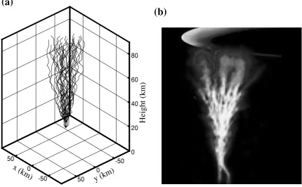 Fig. 5. Leader propagation between thundercloud and the ionosphere. (a) The simulation result based on the present model