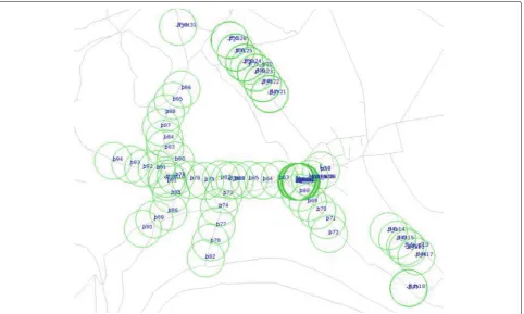 Fig. 1 Screenshot of the Search and Rescue scenario in ONE with backbone nodes deployed along the center of the area