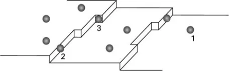 Figure 1Additive adsorption at various positions on a crystalsurface: 1, flat surface; 2, step; 3, kink site.
