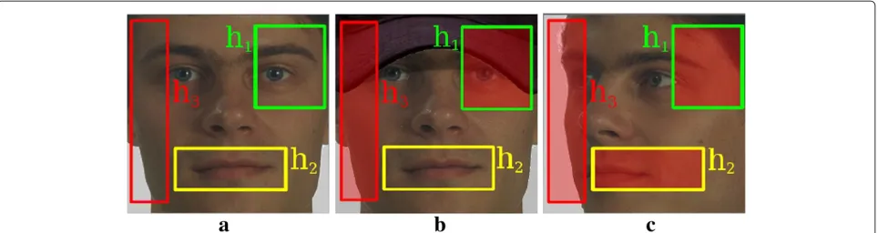 Figure 1 Subwindows of weak classifier on an upright face, an occluded face, and a turned face.Each one is in charge of classifying a subwindow