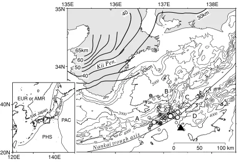 Fig. 1.Index map of the study area. Epicentral distribution of the 2004 off the Kii peninsula earthquakes is shown for events of MJ ≥ 4 duringSeptember