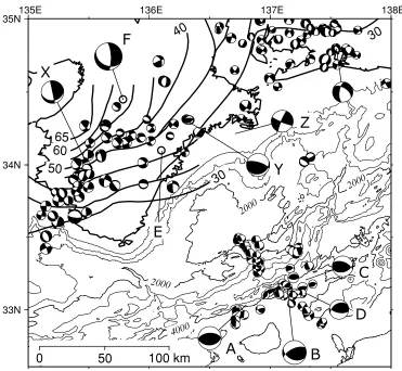 Fig. 2. Focal mechanisms (lower focal hemisphere) in and around the Kii Peninsula for the period from October 1997 through September 2004 afterJMA (in and around the land area; depth, 30 to 100 km) and after F-net of NIED (for the 2004 off the Kii peninsul