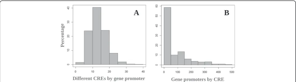 Figure 3 Histograms of significant (P < 0,05) occurrences of different CREs in each gene promoter and number of gene promoters inwhich each CRE occurs