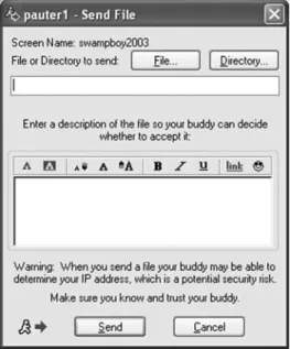 Figure 11.6 Looking to transfer a file to your buddy online? The Send File feature under the people drop- drop-down menu will allow you to, while carrying on your IM session.
