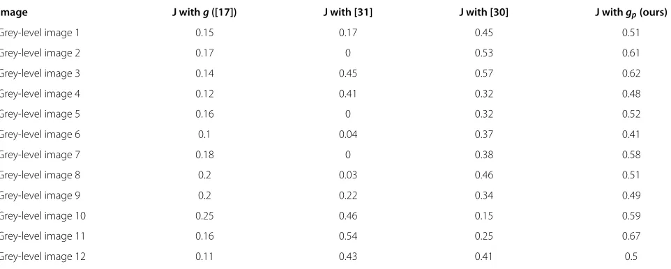 Table 1 Values of the objective criteria (OC) of our active contour model and the active contour models of [17,31] and[30], computed on grey-level images