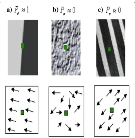 Figure 1 Different values of the polarity of a pixel representedby the green point. In a (a) salient boundary separating twodifferent regions (P ≃ 1), (b) noisy or texture region (P ≃ 0), and (c)homogeneous color intensity region (P ≃ 0) (The arrows representthe gradient vectors).