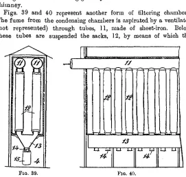 Figs. 39 and 40 represent another form of filtering chambors.The fume from the condensing chambers is aspirated by a ventilator(not represented) through tubes, 11, made of sheet-iron