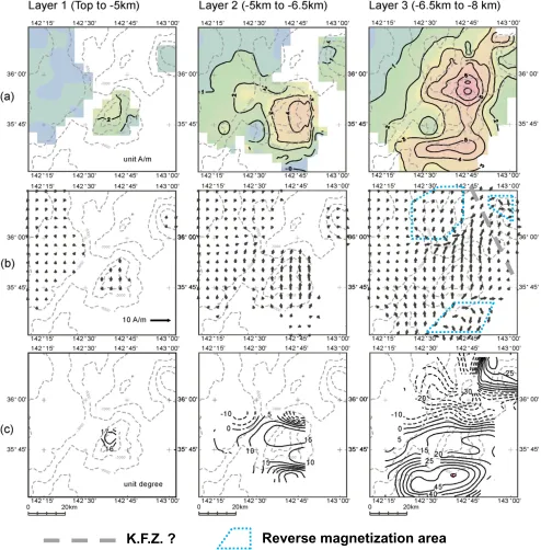 Fig. 8. Results of the inversion. (a): magnetizations, (b): horizontal components, (c): inclinations