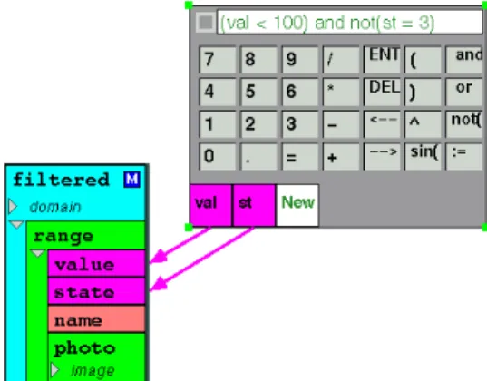 Figure 9 shows how a filter is specified on an example aggregate.  A calculator interface, mentioned earlier, allows the user to enter arbitrary computation formulas, including boolean expressions