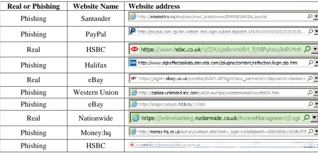 Table 2: List of ten website addresses used in pre-test 